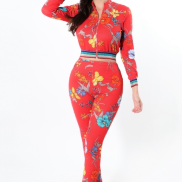 Pants - Floral Print Zipper 2Pc Zipper Jacket